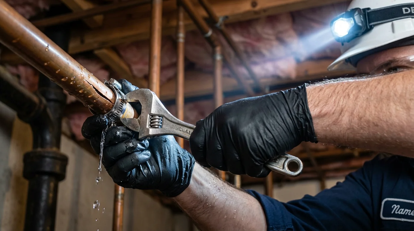 Emergency pipe clamp repair being performed by a Johns Plumbing LLC plumber in Irwin