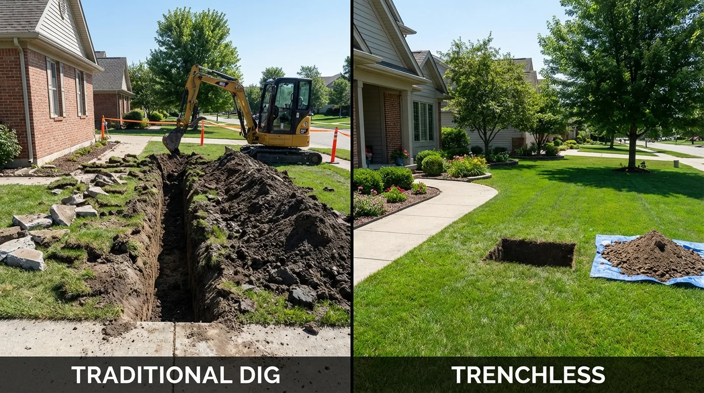 Trenchless sewer repair with minimal yard damage versus traditional excavation in Irwin, PA