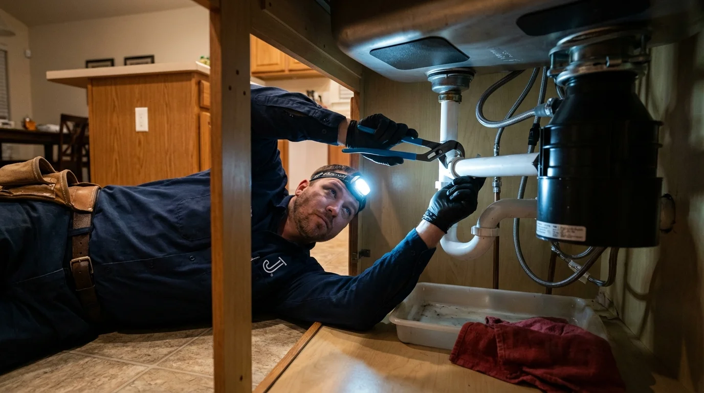 P-trap and supply line connections under a kitchen sink showing a common leak point in Irwin, PA